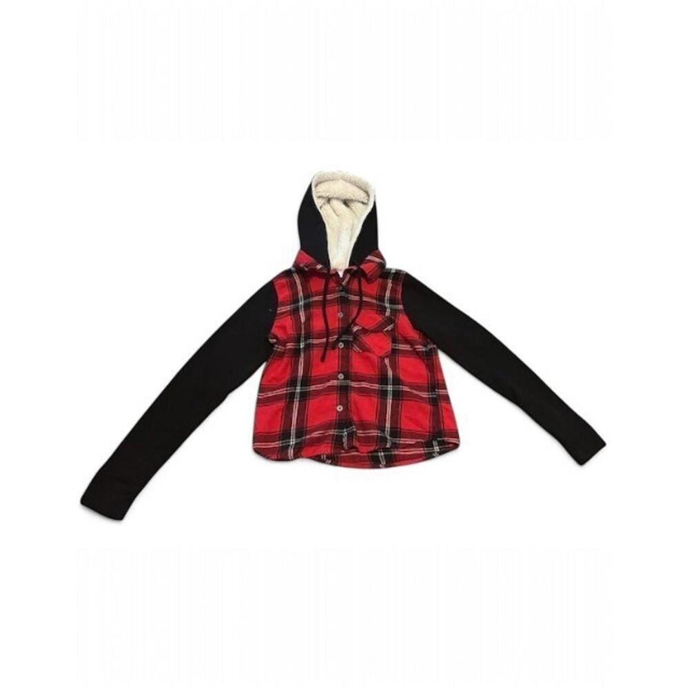 Plaid Flannel Shirt Jacket XS‎ Sherpa Hood Red Cabin Core Cozy Grunge Y2K Skater